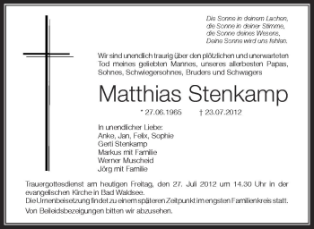 Anzeige von Matthias Stenkamp von Schwäbische Zeitung