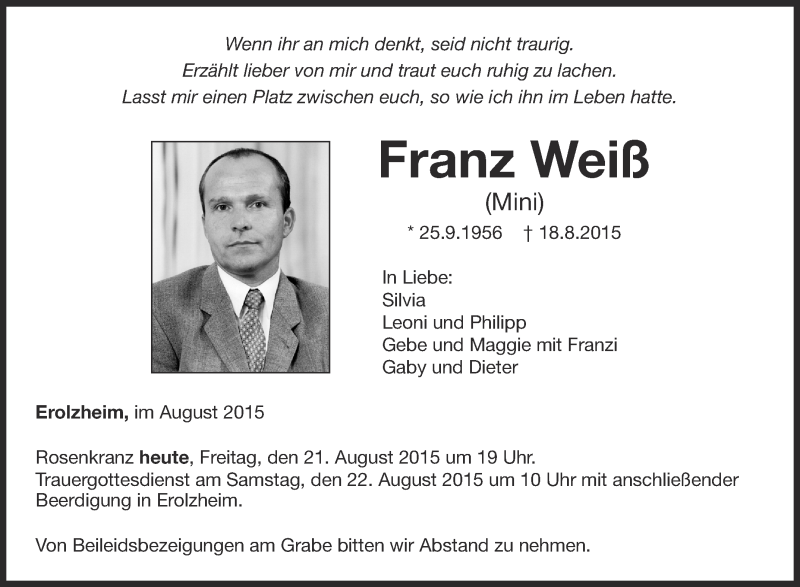  Traueranzeige für Franz Weiß vom 21.08.2015 aus Schwäbische Zeitung