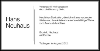 Anzeige von Hans Neuhaus von Schwäbische Zeitung