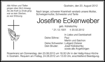 Anzeige von Josefine Eckenweber von Schwäbische Zeitung