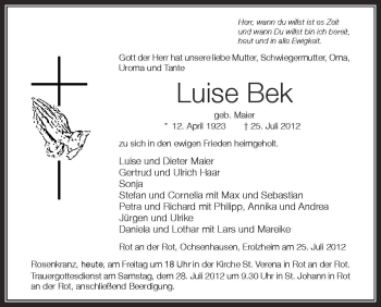 Anzeige von Luise Bek von Schwäbische Zeitung