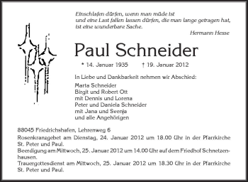 Anzeige von Paul Schneider von Schwäbische Zeitung