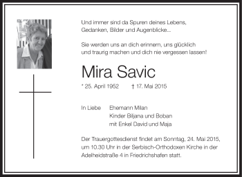 Anzeige von Mira Savic von Schwäbische Zeitung