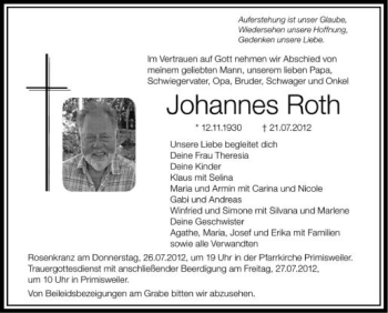 Anzeige von Johannes Roth von Schwäbische Zeitung