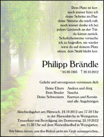 Anzeige von Philipp Brändle von Schwäbische Zeitung