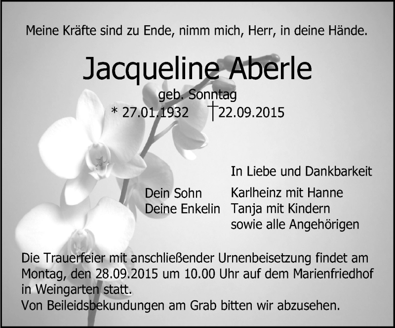 Traueranzeigen Von Jacqueline Aberle Schwaebische De Trauerportal