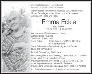 Anzeige von Emma Eckle von Schwäbische Zeitung