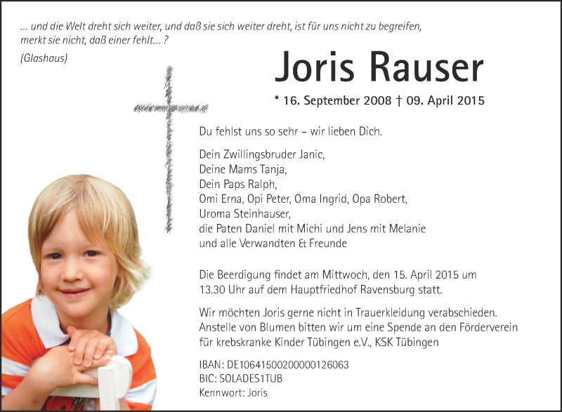  Traueranzeige für Joris Rauser vom 13.04.2015 aus Schwäbische Zeitung