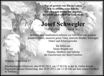 Anzeige von Josef Schwegler von Schwäbische Zeitung