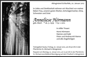 Anzeige von Anneliese Hörmann von Schwäbische Zeitung