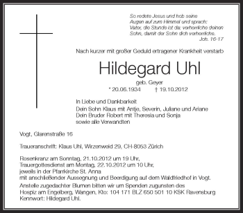 Anzeige von Hildegard Uhl von Schwäbische Zeitung