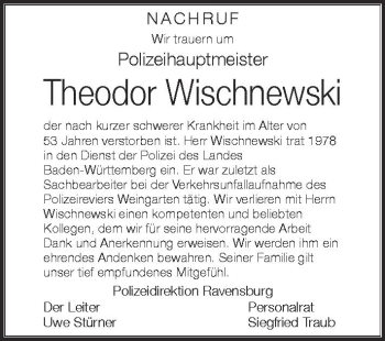 Anzeige von Theodor Wischnewski von Schwäbische Zeitung