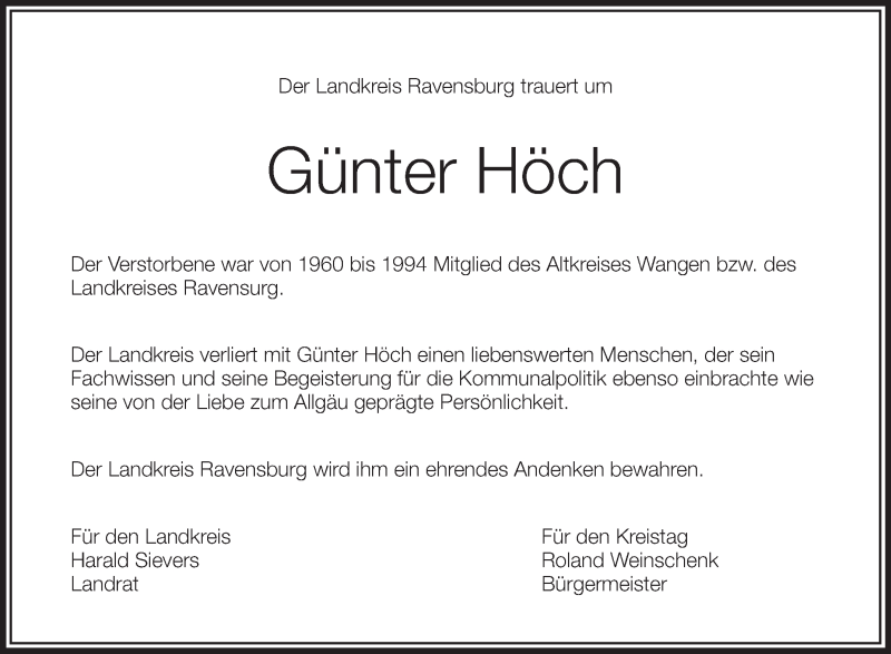  Traueranzeige für Günter Höch vom 12.08.2015 aus Schwäbische Zeitung