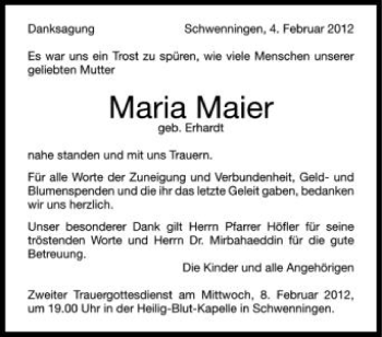 Anzeige von Maria Maier von Schwäbische Zeitung