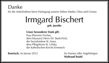 Anzeige von Irmgard Bischert von Schwäbische Zeitung