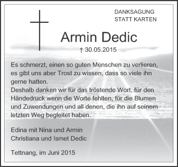 Anzeige von Armin Dedic von Schwäbische Zeitung