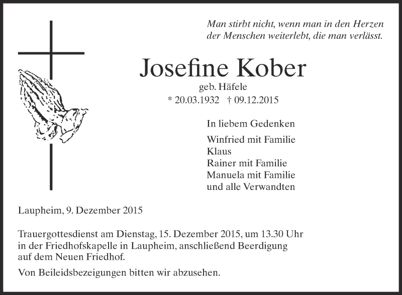  Traueranzeige für Josefine Kober vom 12.12.2015 aus Schwäbische Zeitung