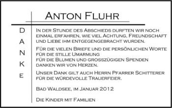 Anzeige von Anton Fluhr von Schwäbische Zeitung