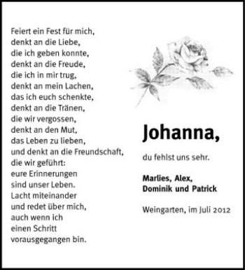 Anzeige von Johanna  von Schwäbische Zeitung