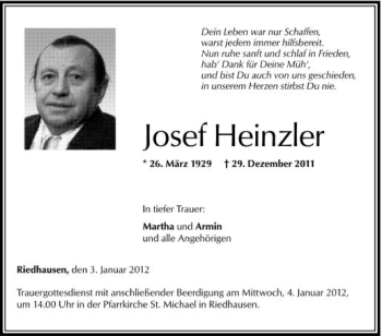 Anzeige von Josef Heinzler von Schwäbische Zeitung