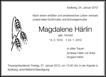Anzeige von Magdalena Härlin von Schwäbische Zeitung
