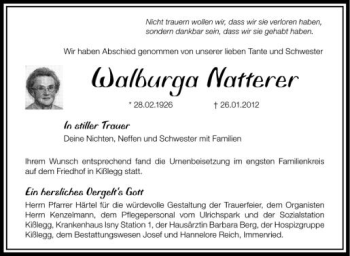 Anzeige von Walburga Natterer von Schwäbische Zeitung