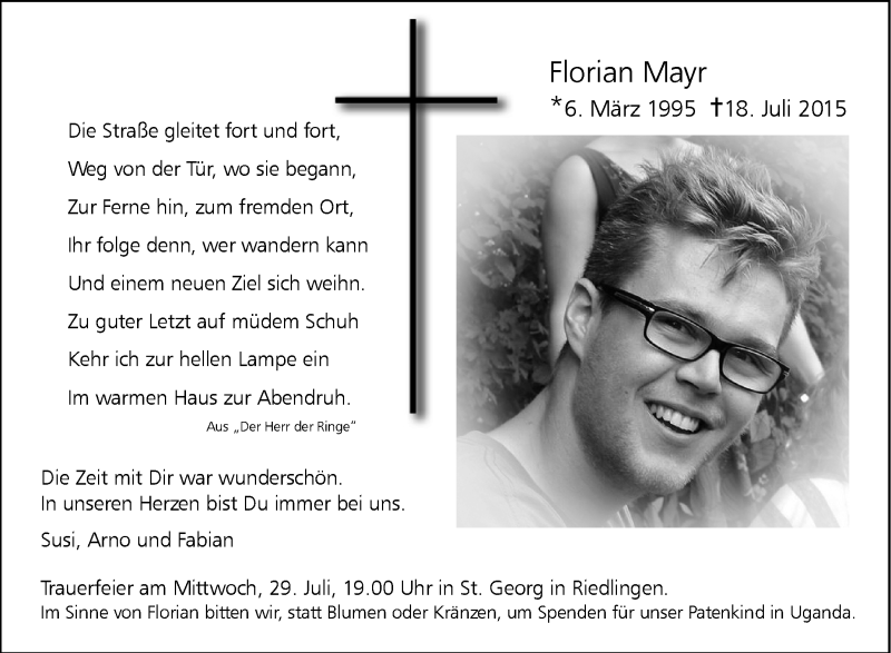  Traueranzeige für Florian Mayr vom 24.07.2015 aus Schwäbische Zeitung