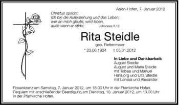 Anzeige von Rita Steidle von Schwäbische Zeitung