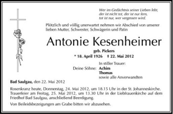Anzeige von Antonie Kesenheimer von Schwäbische Zeitung