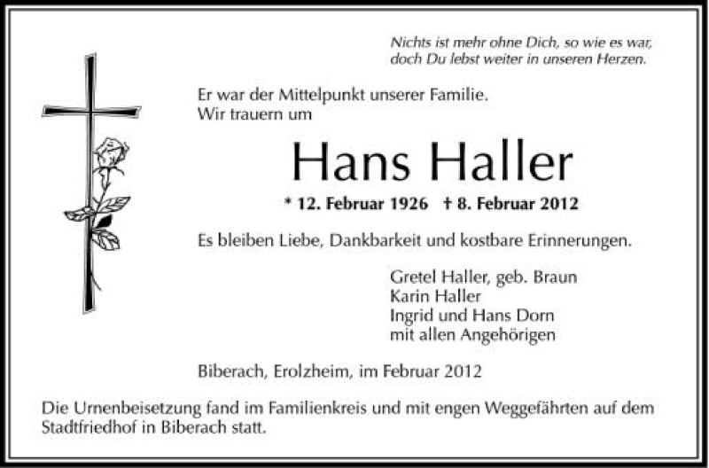  Traueranzeige für Hans Haller vom 24.02.2012 aus Schwäbische Zeitung