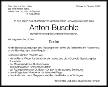 Anzeige von Anton Buschle von Schwäbische Zeitung