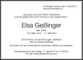 Anzeige von Elsa Geißinger von Schwäbische Zeitung