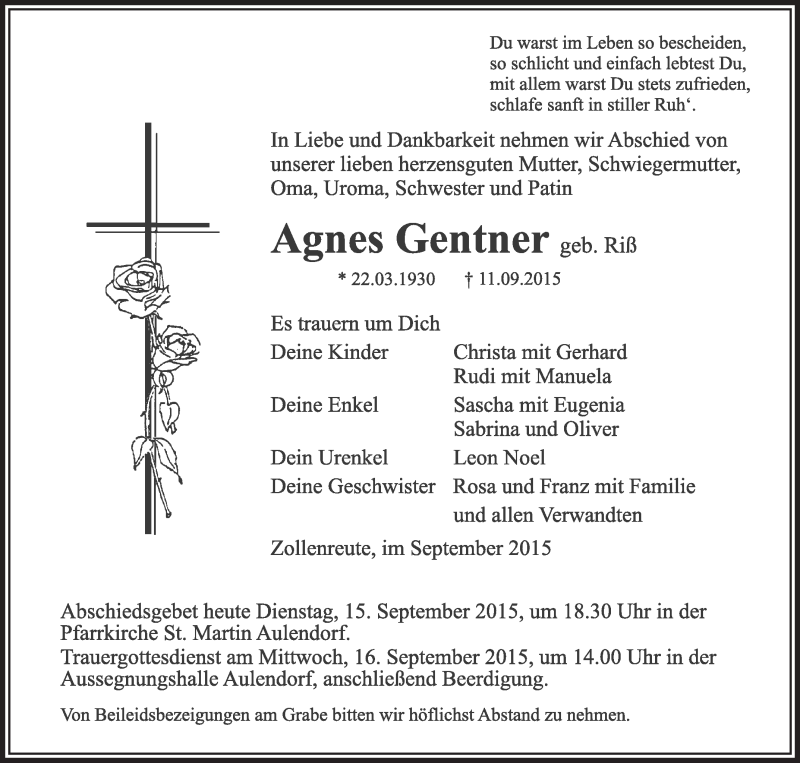  Traueranzeige für Agnes Gentner vom 15.09.2015 aus Schwäbische Zeitung