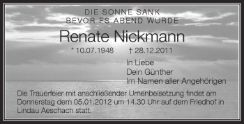 Anzeige von Renate Nickmann von Schwäbische Zeitung