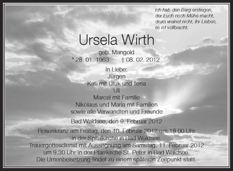  Traueranzeige für Ursela Wirth vom 09.02.2012 aus Schwäbische Zeitung