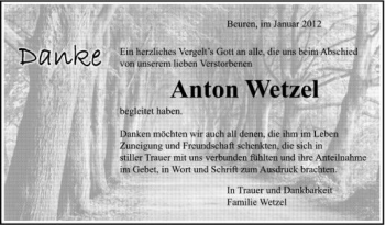 Anzeige von Anton Wetzel von Schwäbische Zeitung