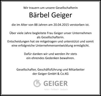 Anzeige von Bärbel Geiger von Schwäbische Zeitung