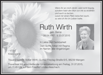 Anzeige von Ruth Wirth von Schwäbische Zeitung