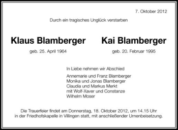 Anzeige von Klaus Blamberger von Schwäbische Zeitung