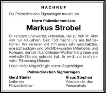 Anzeige von Markus Strobel von Schwäbische Zeitung