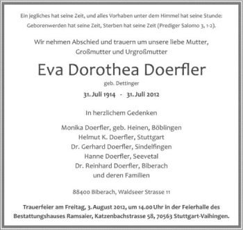 Anzeige von Eva Dorothea Doerfler von Schwäbische Zeitung