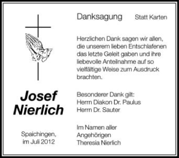 Anzeige von Josef Nierlich von Schwäbische Zeitung