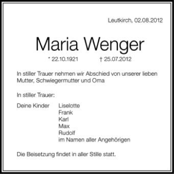 Anzeige von Maria Wenger von Schwäbische Zeitung