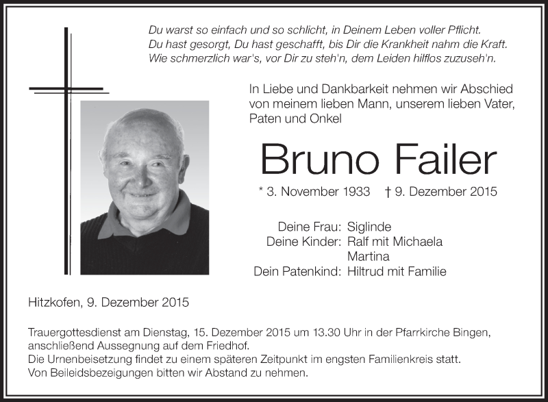  Traueranzeige für Bruno Failer vom 12.12.2015 aus Schwäbische Zeitung