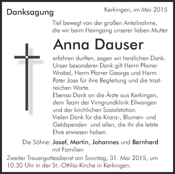 Anzeige von Anna Dauser von Schwäbische Zeitung