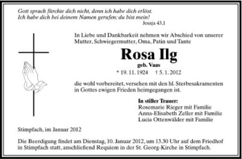 Anzeige von Rosa Ilg von Schwäbische Zeitung