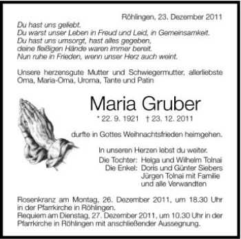 Anzeige von Maria Gruber von Schwäbische Zeitung