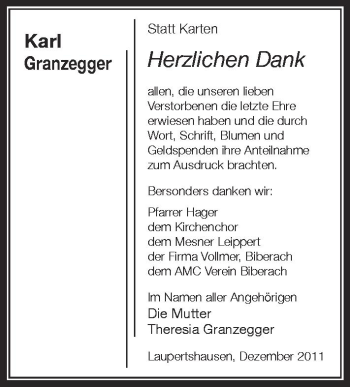Anzeige von Karl Granzegger von Schwäbische Zeitung