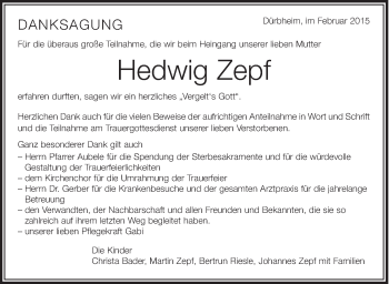 Anzeige von Hedwig Zepf von Schwäbische Zeitung