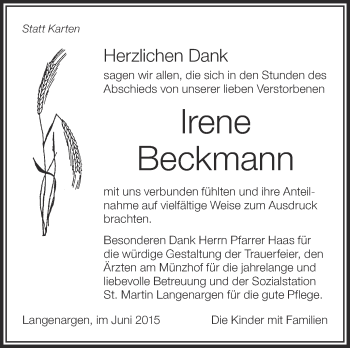 Anzeige von Irene Beckmann von Schwäbische Zeitung